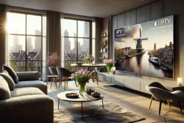 Stylish Dutch living room featuring IPTV, tulips, windmill, and Amsterdam skyline in 2025.
