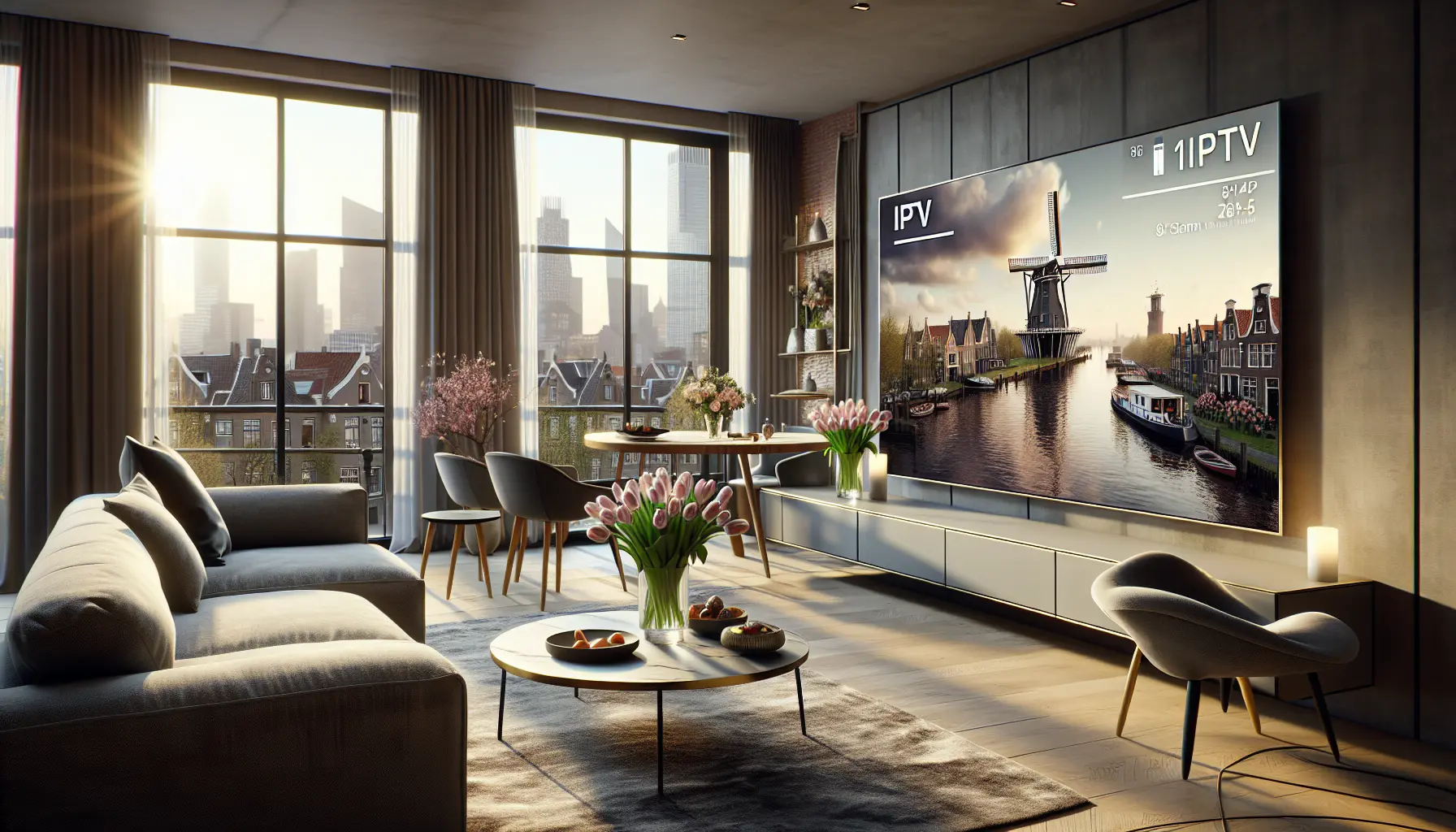 Stylish Dutch living room featuring IPTV, tulips, windmill, and Amsterdam skyline in 2025.