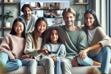 alt_text: A modern Dutch family enjoys legal TV streaming from providers like KPN and Netflix in their cozy living room.