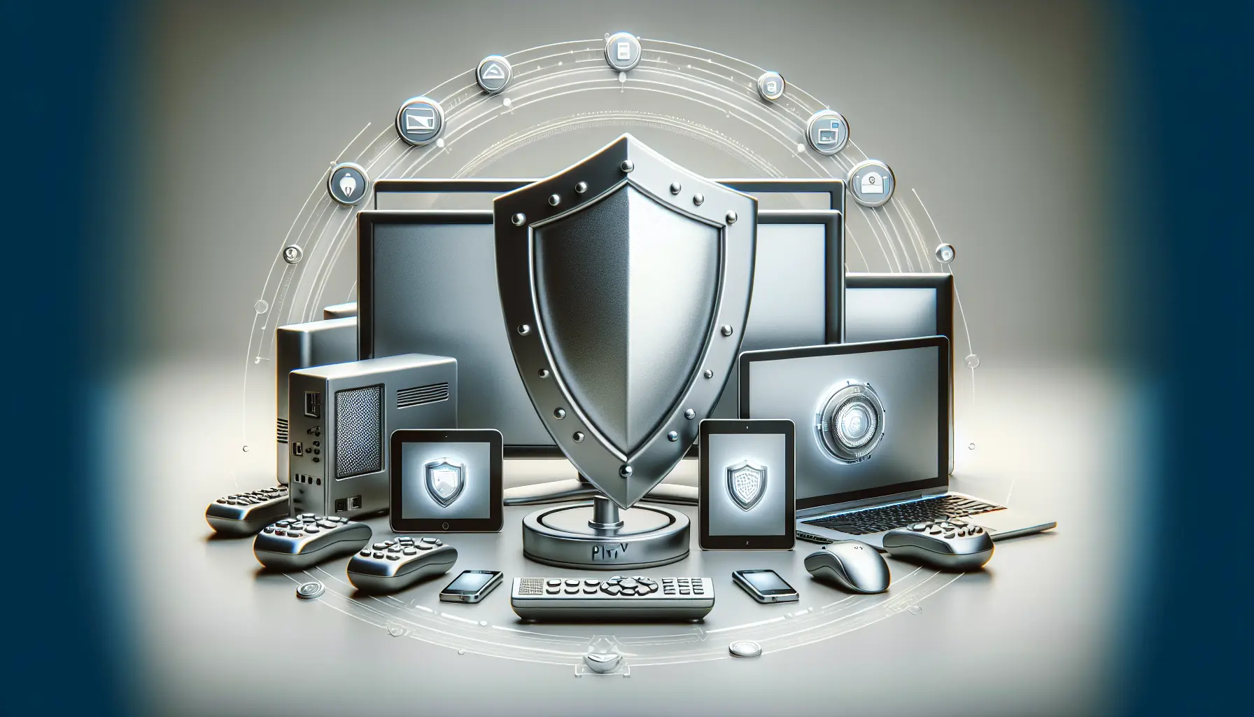 A shield icon protecting various modern devices, symbolizing secure and easy IPTV setup.