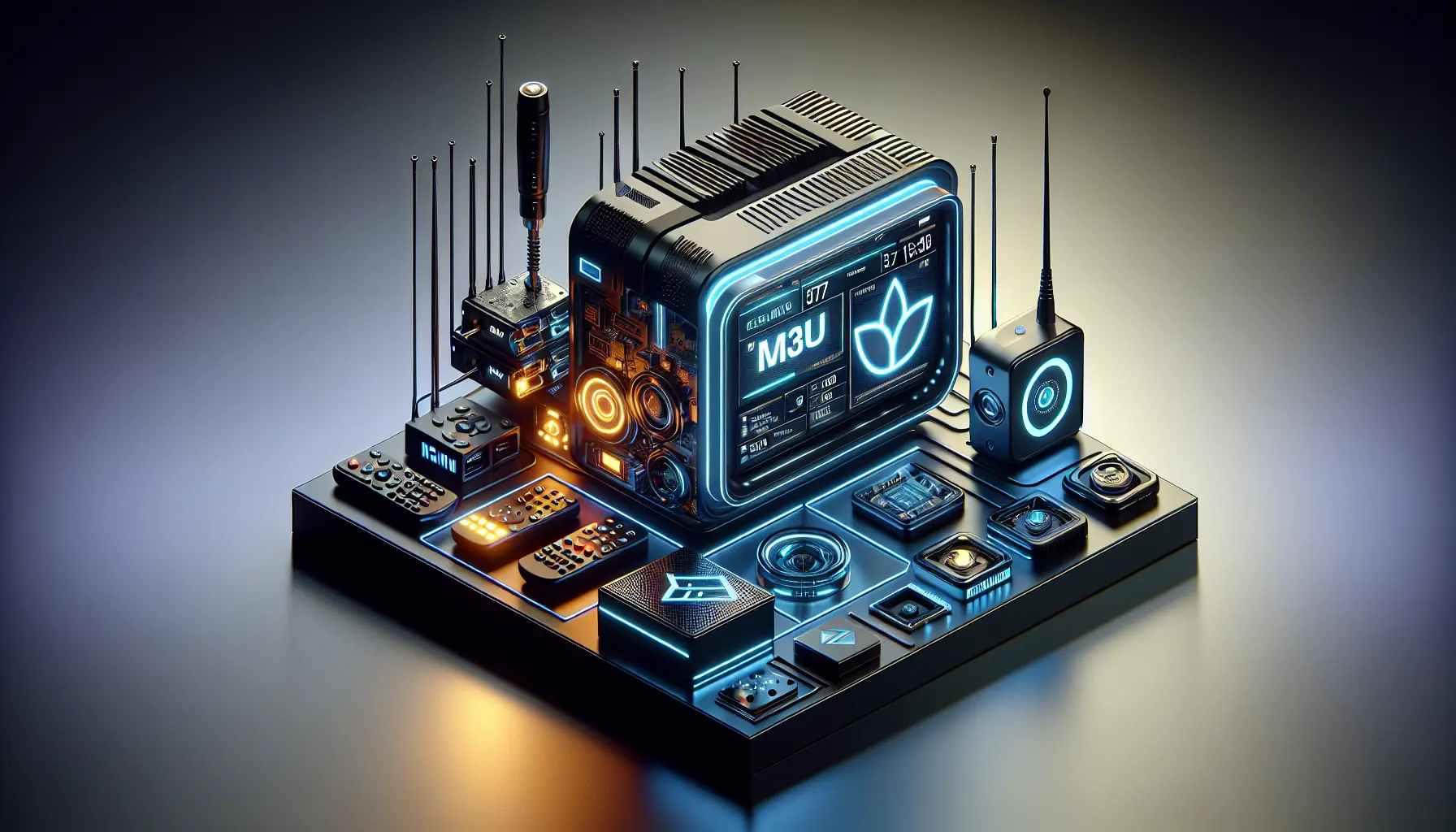 Modern IPTV cover: TV, M3U, MAG box, Xtream Codes server, sleek tech background.