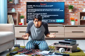 Confused person troubleshooting IPTV setup with errors, cables, and manuals in a cozy living room.