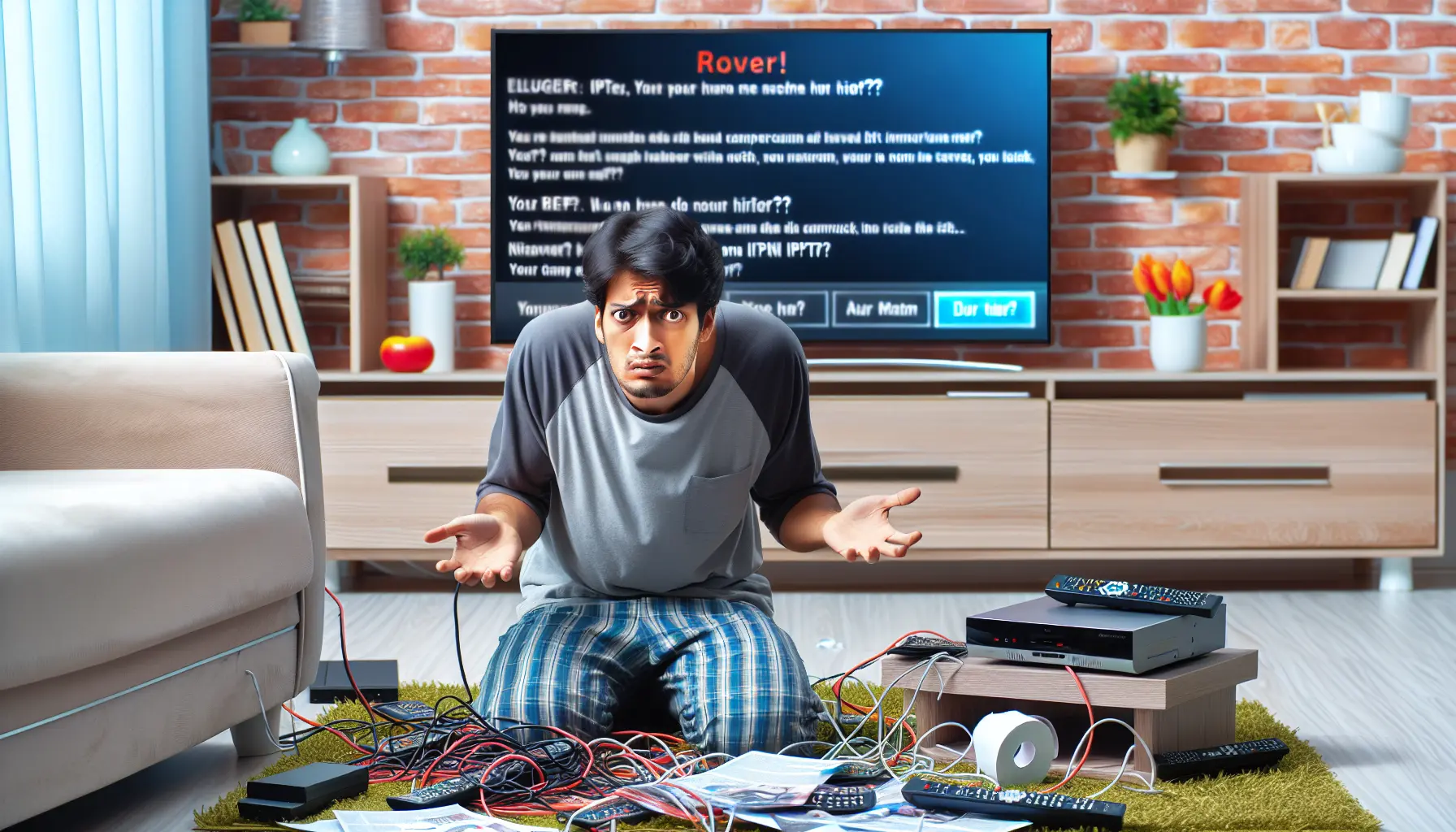 Confused person troubleshooting IPTV setup with errors, cables, and manuals in a cozy living room.