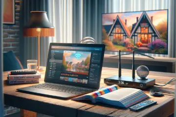 A modern workspace showing IPTV setup on laptop, router, and TV with Dutch guidebook elements.