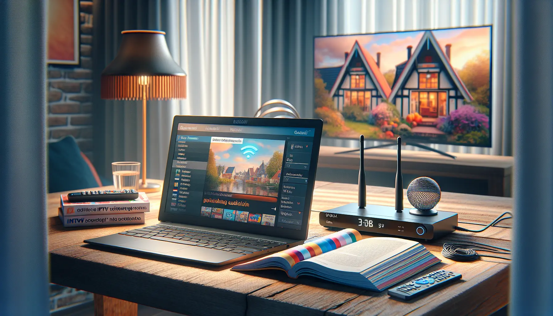 A modern workspace showing IPTV setup on laptop, router, and TV with Dutch guidebook elements.