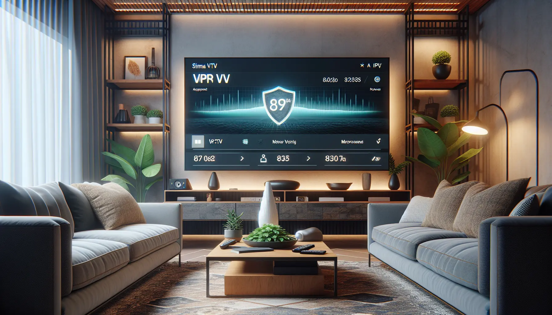 Smart TV streaming with VPN for better IPTV quality and privacy in a modern living room.