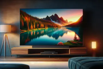 alt_text: Een moderne woonkamer 's avonds, waar een grote 4K-TV een levendig natuurlandschap toont.