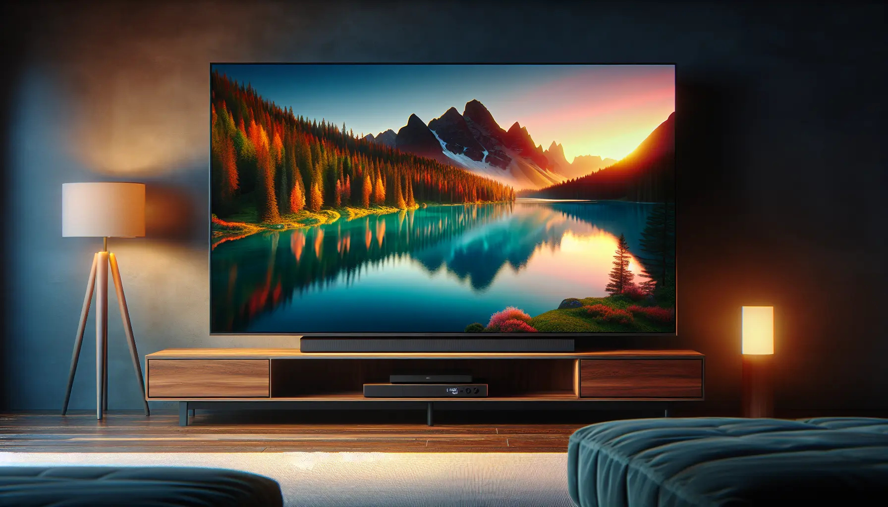 alt_text: Een moderne woonkamer 's avonds, waar een grote 4K-TV een levendig natuurlandschap toont.