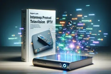 A modern book cover for an IPTV beginner's guide, featuring a streaming device and holographic Dutch tech terms.