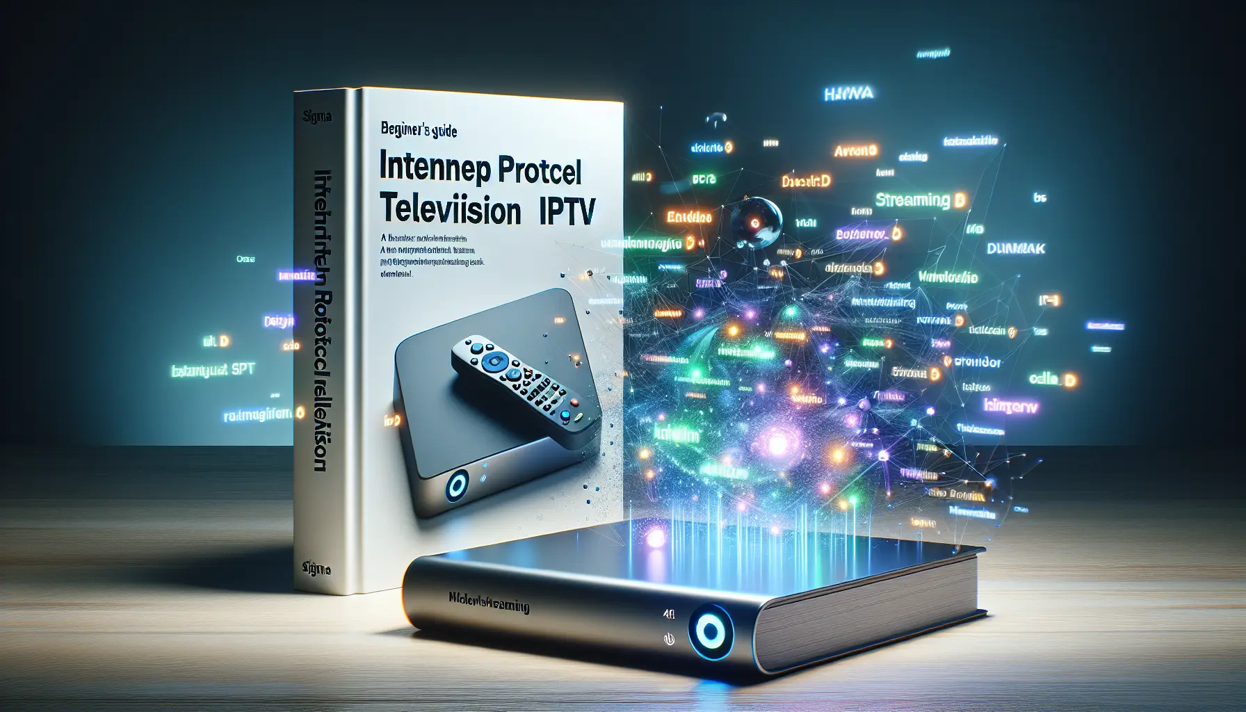 A modern book cover for an IPTV beginner's guide, featuring a streaming device and holographic Dutch tech terms.