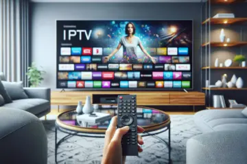 Modern living room with a Smart TV displaying IPTV apps and a hand holding the remote.