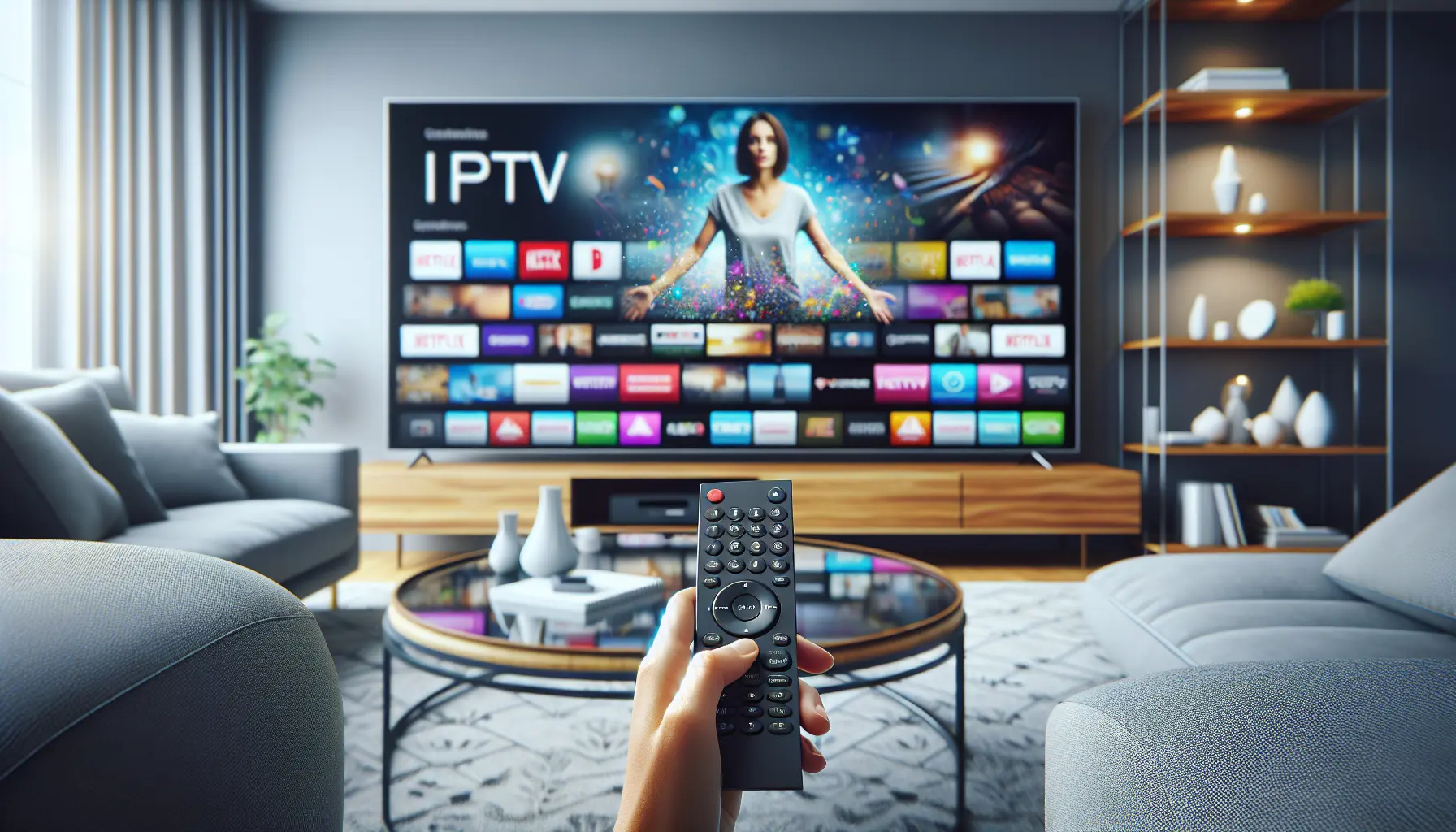 Modern living room with a Smart TV displaying IPTV apps and a hand holding the remote.