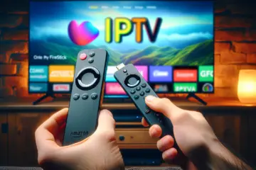 alt_text: Hands installing an Amazon Firestick, pointing the remote at a TV displaying a vibrant IPTV interface.