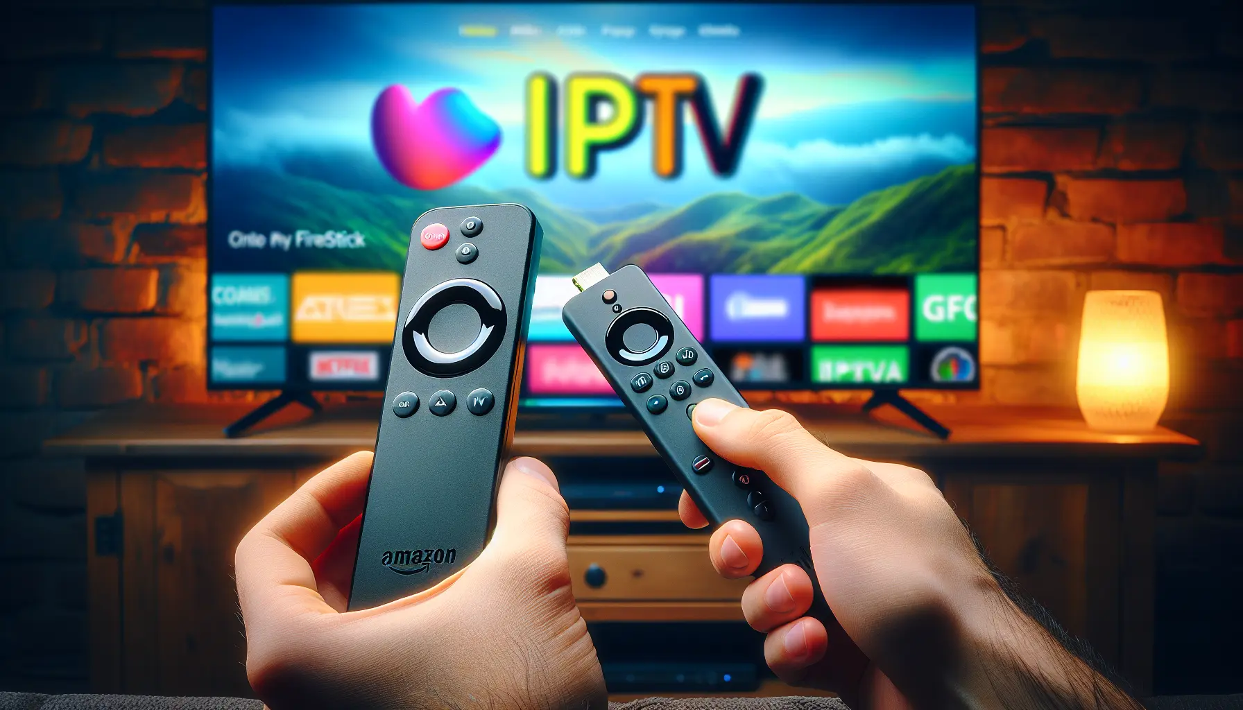 alt_text: Hands installing an Amazon Firestick, pointing the remote at a TV displaying a vibrant IPTV interface.