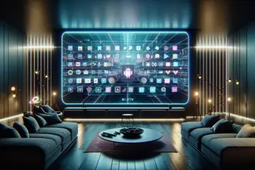 A modern living room with a large TV displaying a grid of popular Android IPTV application icons.