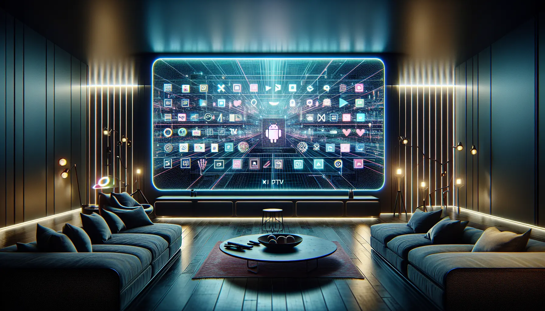 A modern living room with a large TV displaying a grid of popular Android IPTV application icons.