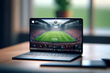 A Windows 11 laptop screen showing an IPTV app playing a live sports channel.