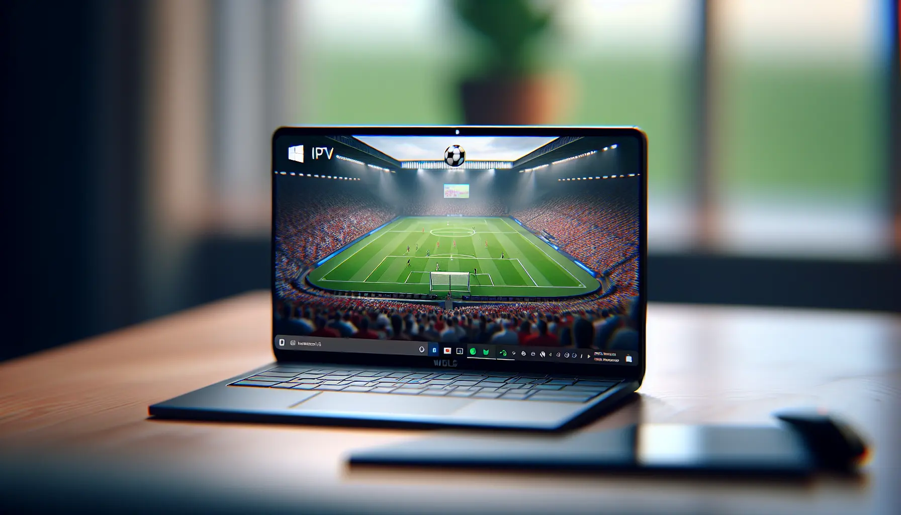 A Windows 11 laptop screen showing an IPTV app playing a live sports channel.