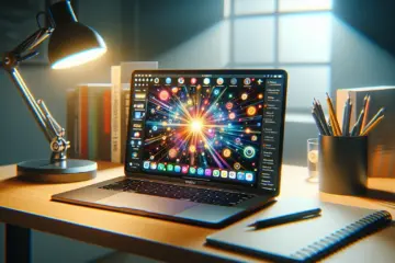 A modern MacBook displaying vibrant IPTV content, with glowing app icons on a minimalist desk.