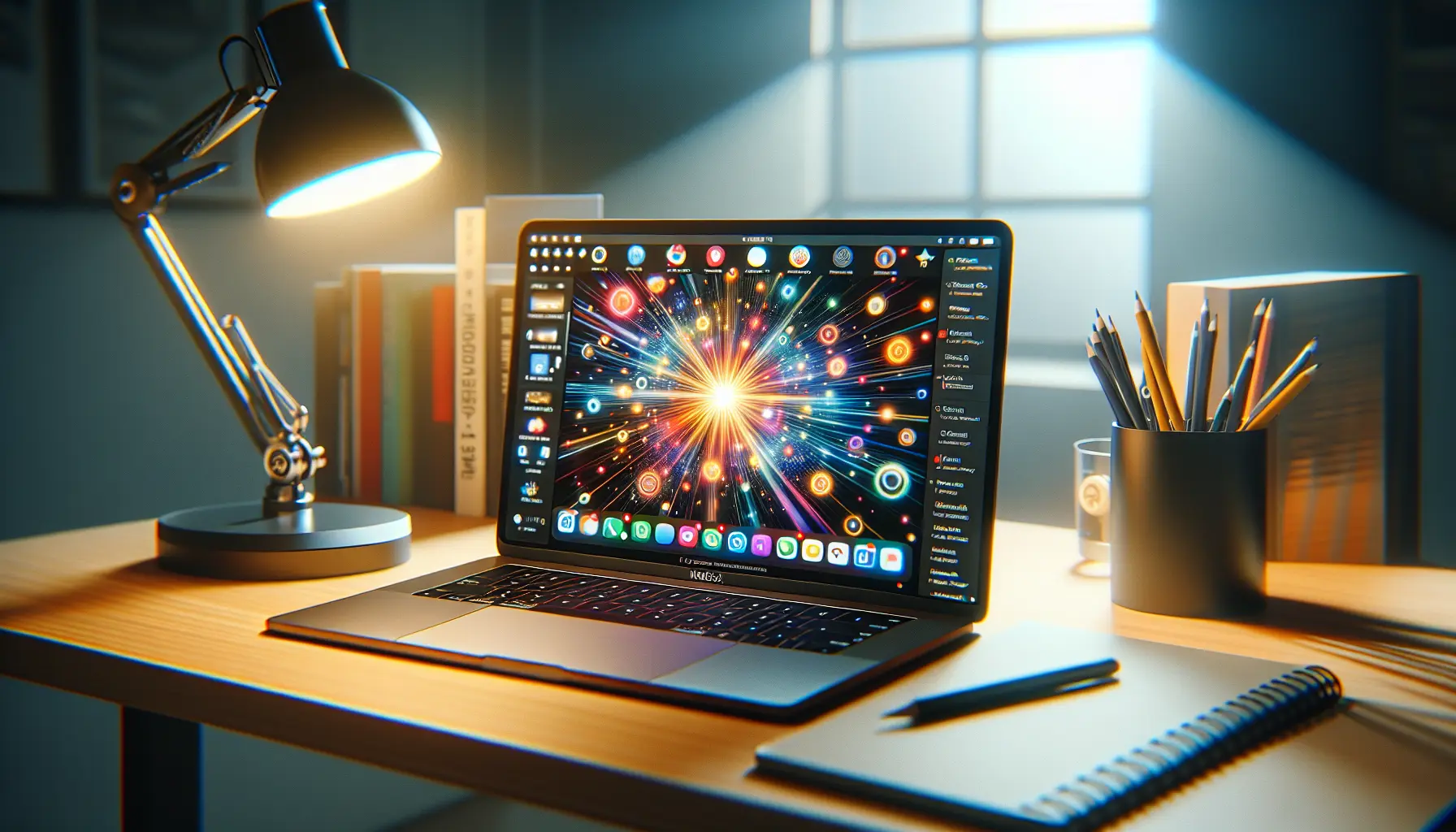 A modern MacBook displaying vibrant IPTV content, with glowing app icons on a minimalist desk.