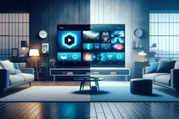 Split-screen TV showing IPTV Smarters' blue interface vs. TiviMate's dark mode in a modern living room.