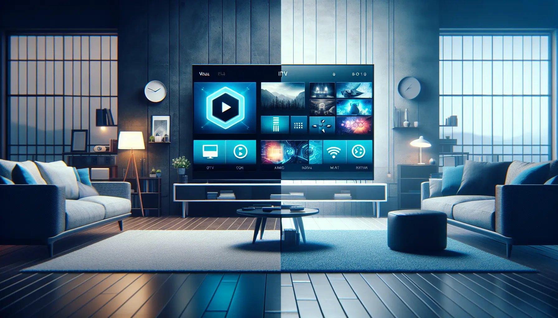 Split-screen TV showing IPTV Smarters' blue interface vs. TiviMate's dark mode in a modern living room.