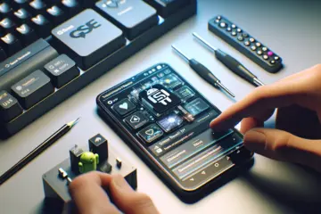 alt_text: A guide showing GSE Smart IPTV setup on an Android phone, displayed on a modern desk.