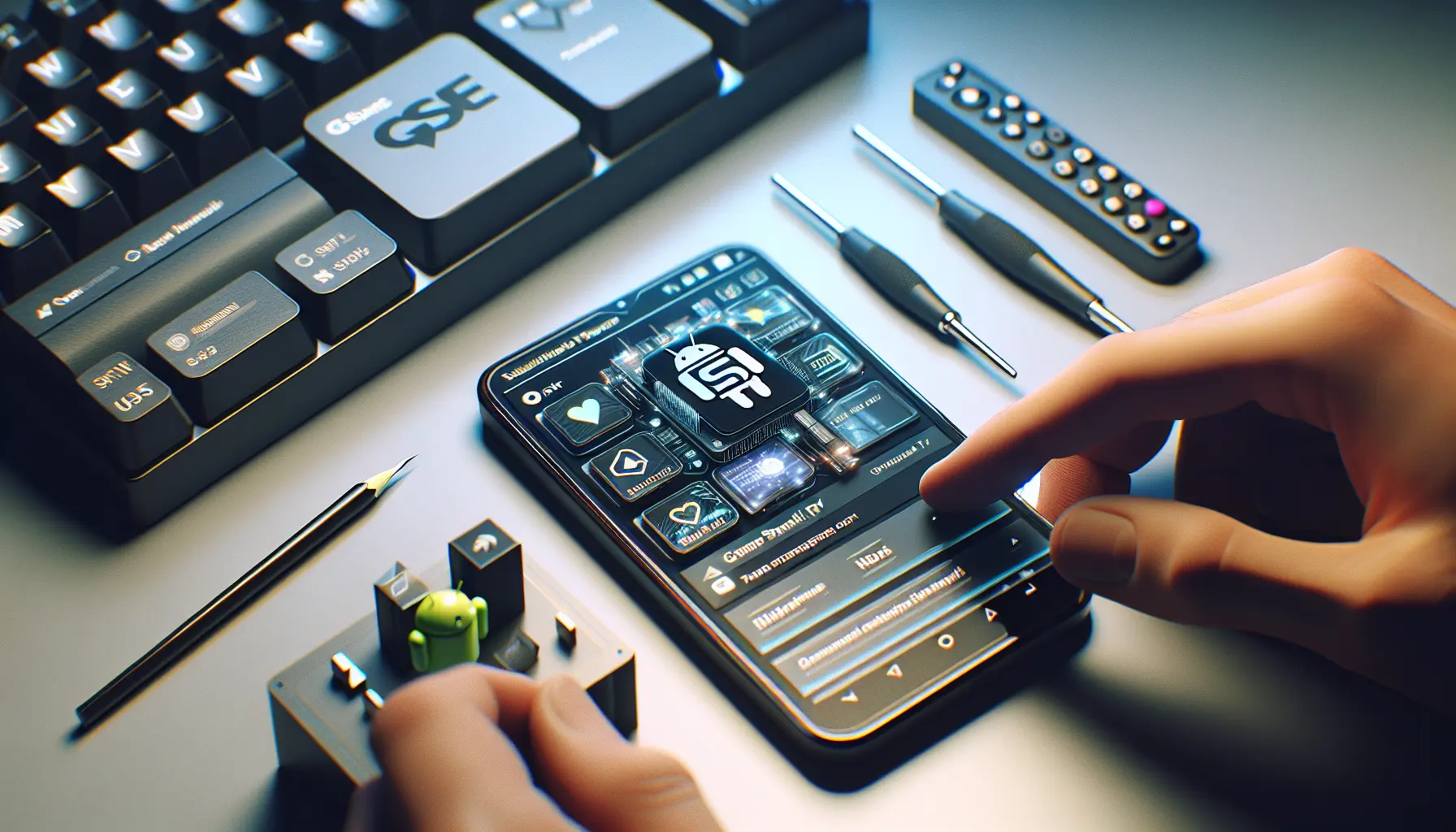 alt_text: A guide showing GSE Smart IPTV setup on an Android phone, displayed on a modern desk.