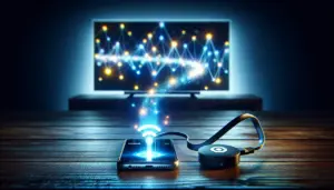 alt_text: A smartphone casting an IPTV stream via a glowing Chromecast to a large TV, with light trails visualizing the Wi-Fi data flow.