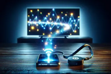 alt_text: A smartphone casting an IPTV stream via a glowing Chromecast to a large TV, with light trails visualizing the Wi-Fi data flow.