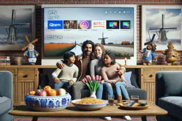 Dutch family enjoying IPTV with popular apps, cozy living room, and subtle Dutch touches.