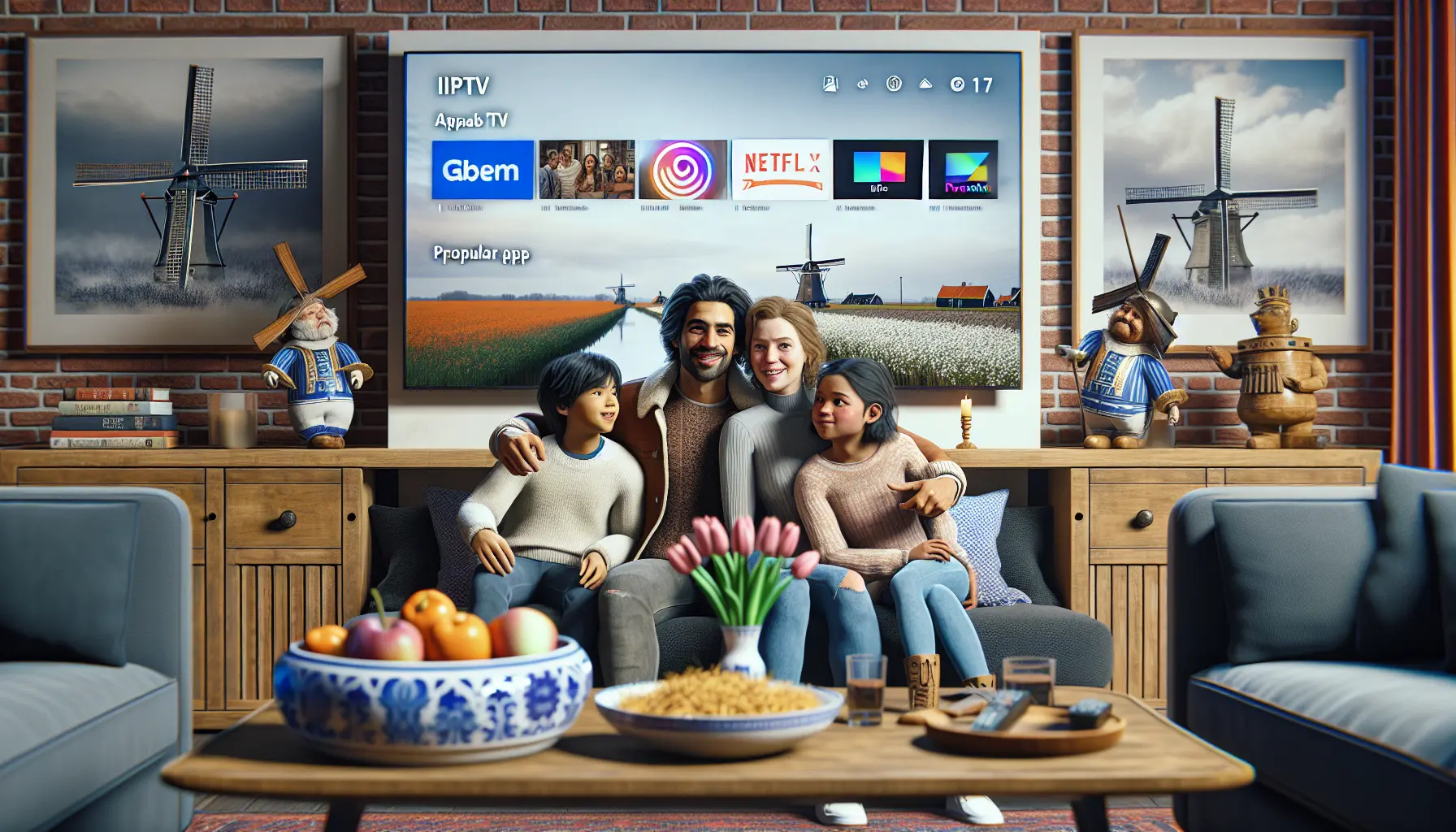 Dutch family enjoying IPTV with popular apps, cozy living room, and subtle Dutch touches.