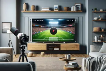 alt_text: A modern LG Smart TV in a cozy living room, displaying a live sports game through a clean IPTV player interface.