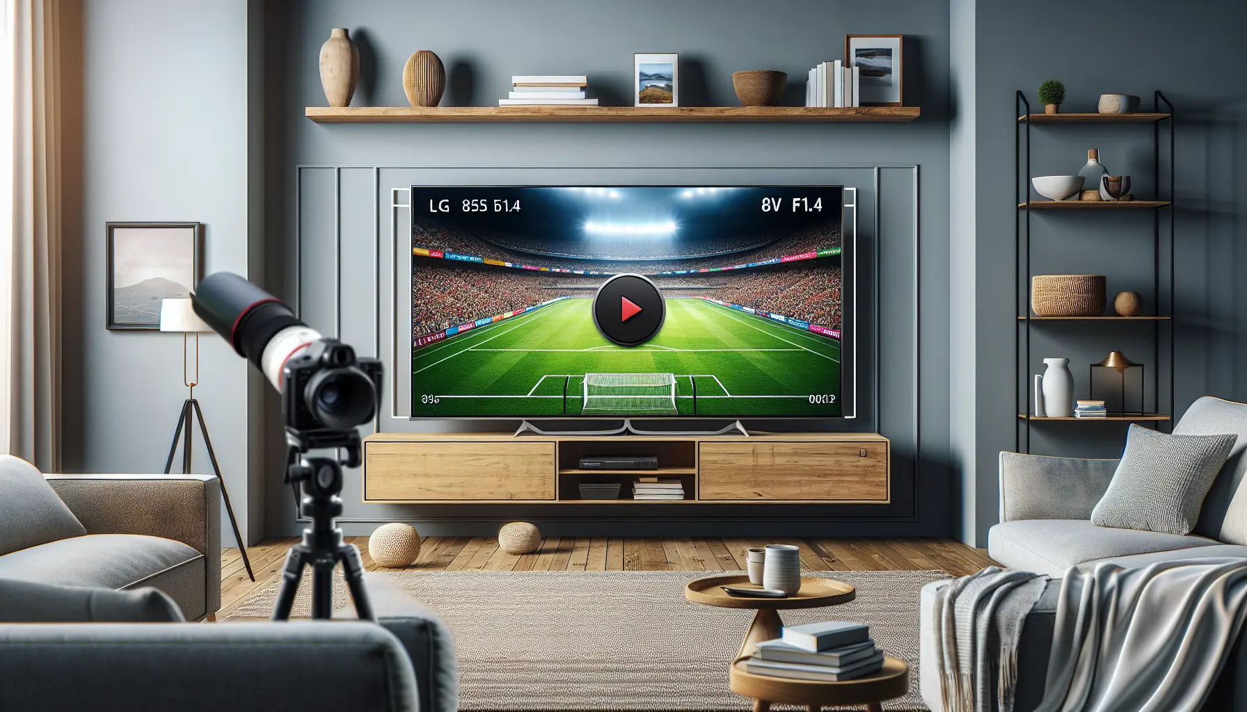 alt_text: A modern LG Smart TV in a cozy living room, displaying a live sports game through a clean IPTV player interface.