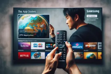 A person installing an IPTV app on a Samsung Smart TV via the App Store.
