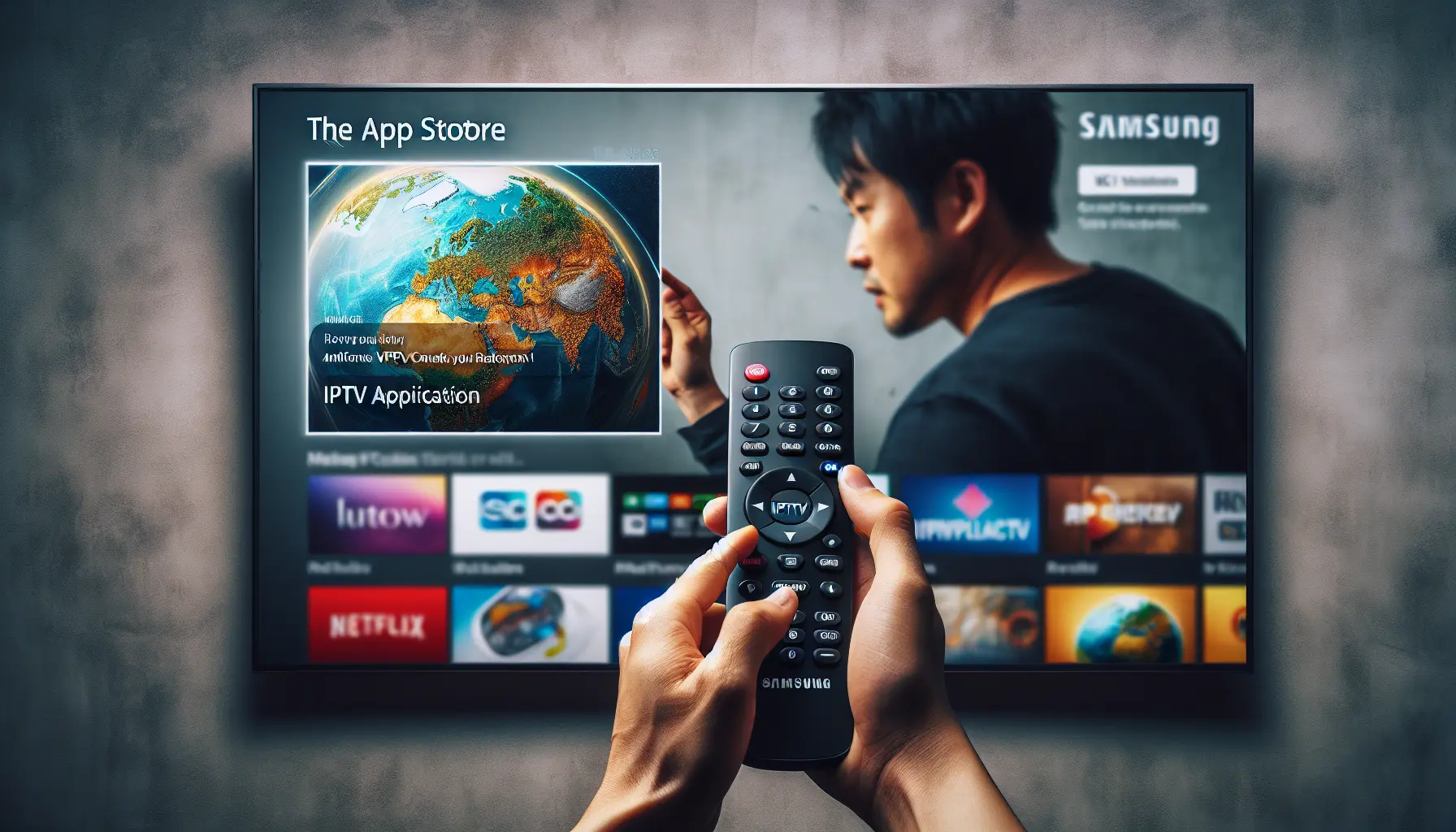 A person installing an IPTV app on a Samsung Smart TV via the App Store.