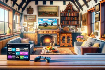 alt_text: A cozy Dutch interior with a TV displaying channel logos and a tablet showing the Kodi interface for IPTV.