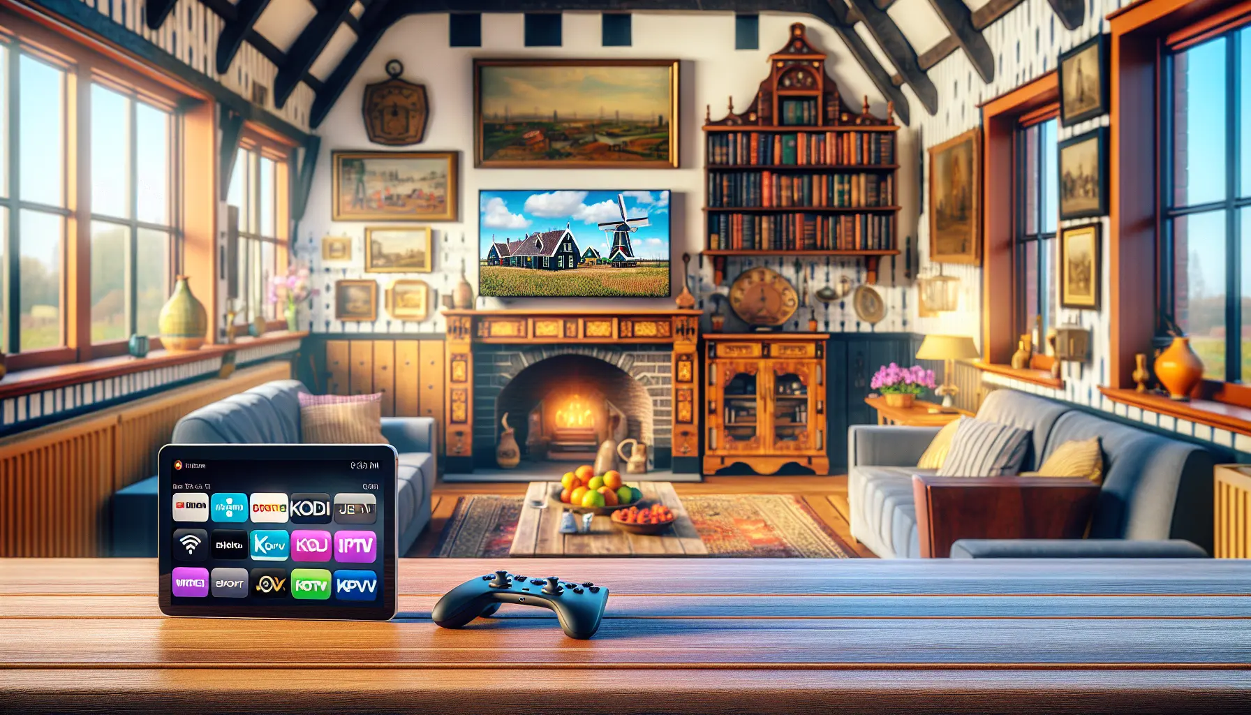 alt_text: A cozy Dutch interior with a TV displaying channel logos and a tablet showing the Kodi interface for IPTV.