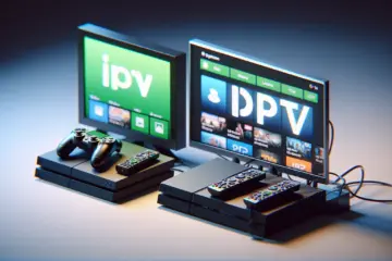 alt_text: A PlayStation and Xbox console with an IPTV app open on the TV screen.