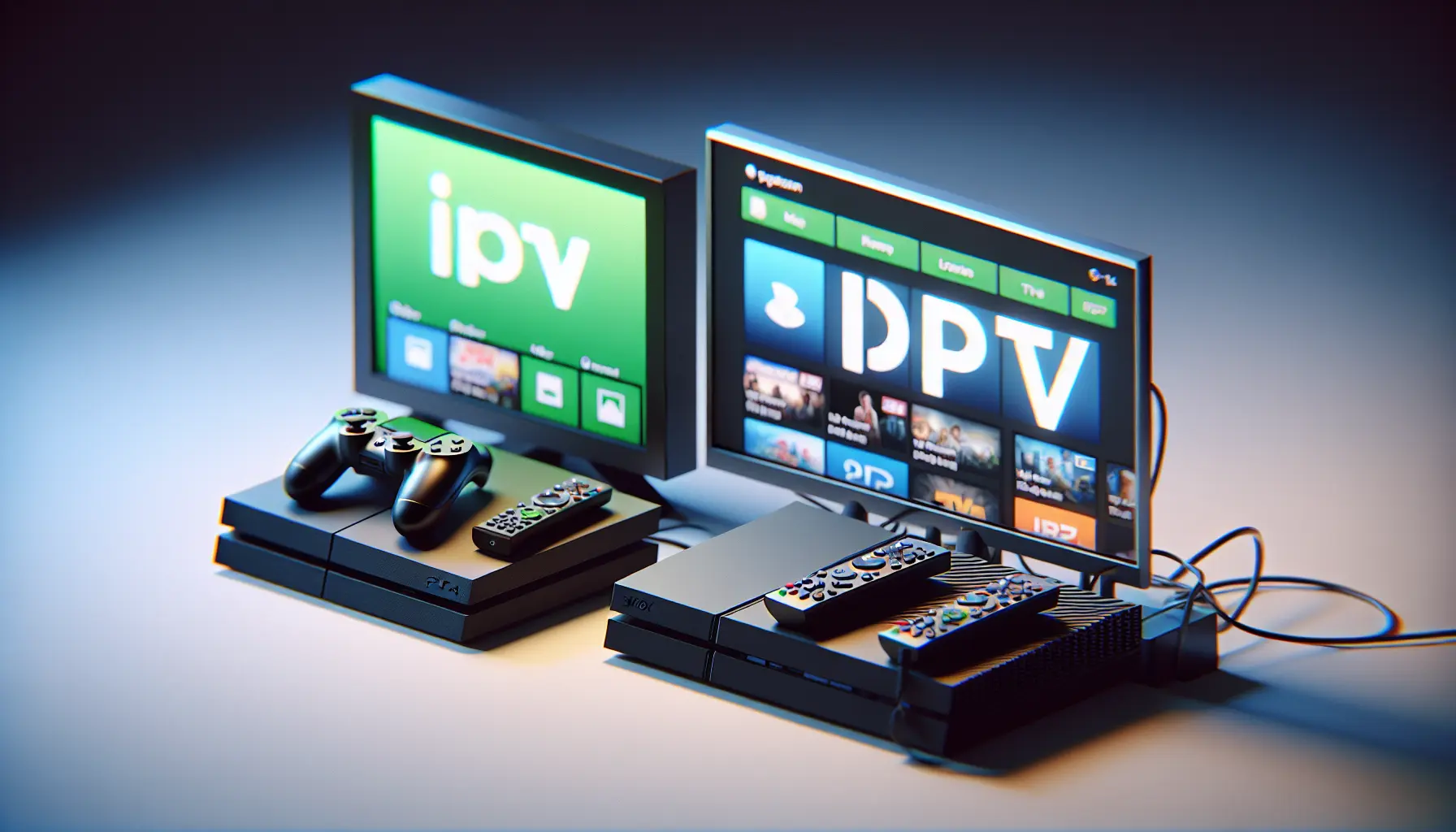 alt_text: A PlayStation and Xbox console with an IPTV app open on the TV screen.