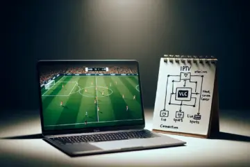 alt_text: A laptop shows VLC player streaming a live sports match, with a simple diagram explaining the IPTV connection.