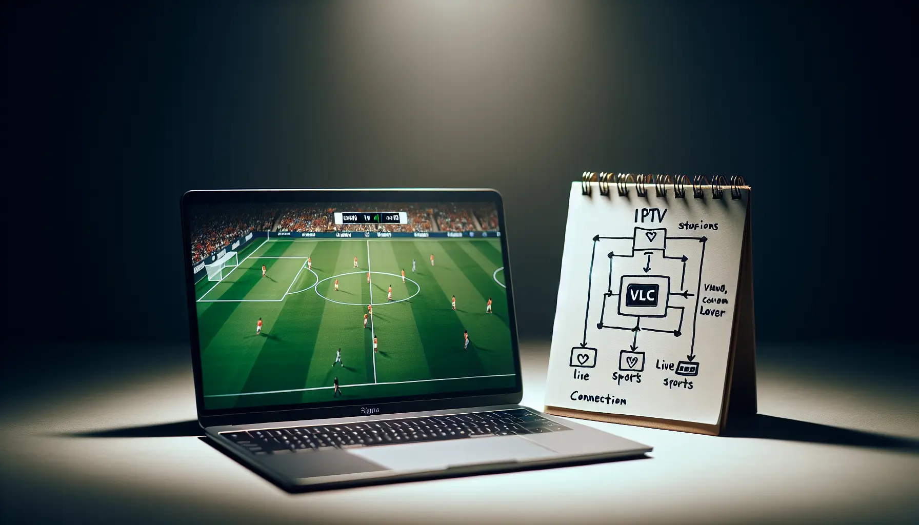 alt_text: A laptop shows VLC player streaming a live sports match, with a simple diagram explaining the IPTV connection.