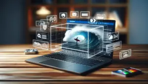 A laptop on a desk displays a vibrant live TV stream playing within a modern web browser.