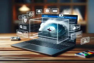 A laptop on a desk displays a vibrant live TV stream playing within a modern web browser.