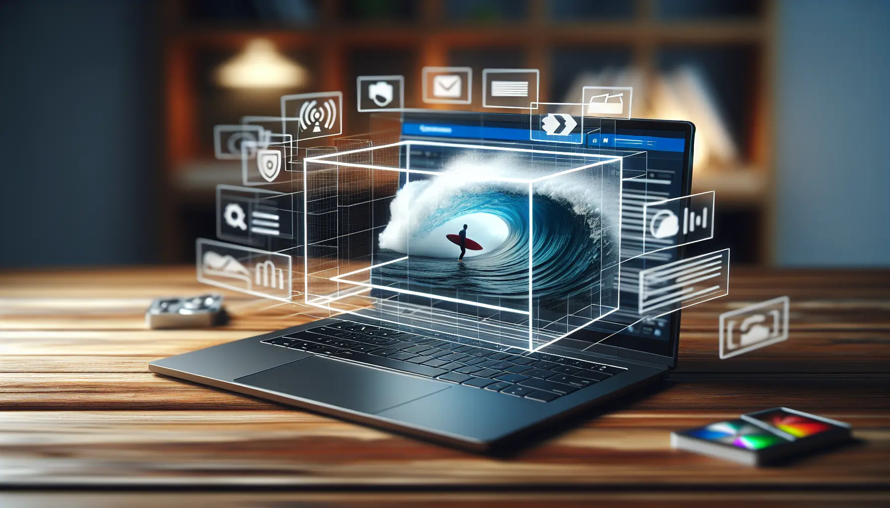 A laptop on a desk displays a vibrant live TV stream playing within a modern web browser.