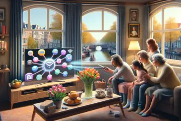 Dutch family explores IPTV on smart TV with streaming icons, tulips, and canal view.