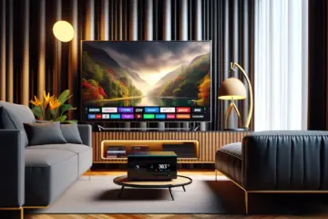 alt_text: A modern home entertainment setup featuring a MAG Box and a large TV displaying vibrant IPTV channels.