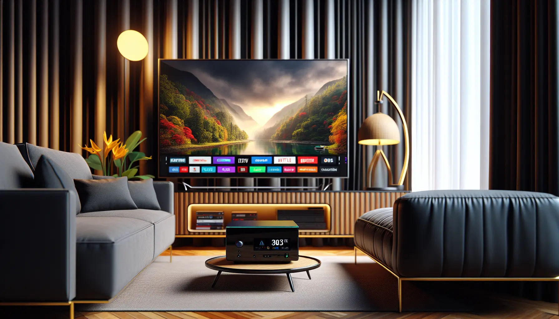 alt_text: A modern home entertainment setup featuring a MAG Box and a large TV displaying vibrant IPTV channels.
