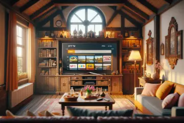 alt_text: Cozy Dutch living room with a large TV showing the iPTV Smarters PRO app displaying Dutch channels like NPO and RTL.