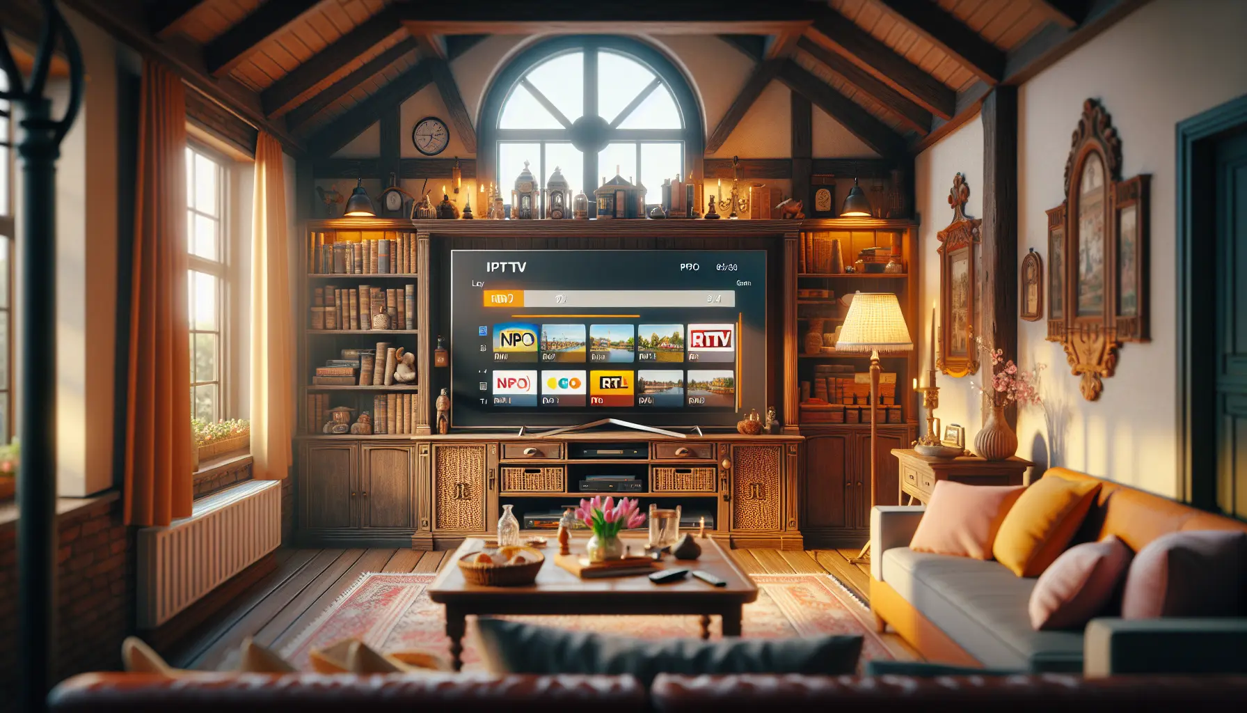 alt_text: Cozy Dutch living room with a large TV showing the iPTV Smarters PRO app displaying Dutch channels like NPO and RTL.